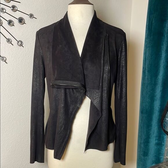 Forever 21 Women's Black Sheen Faux Suede Jacket Asimetrical | size M - Picture 3 of 9